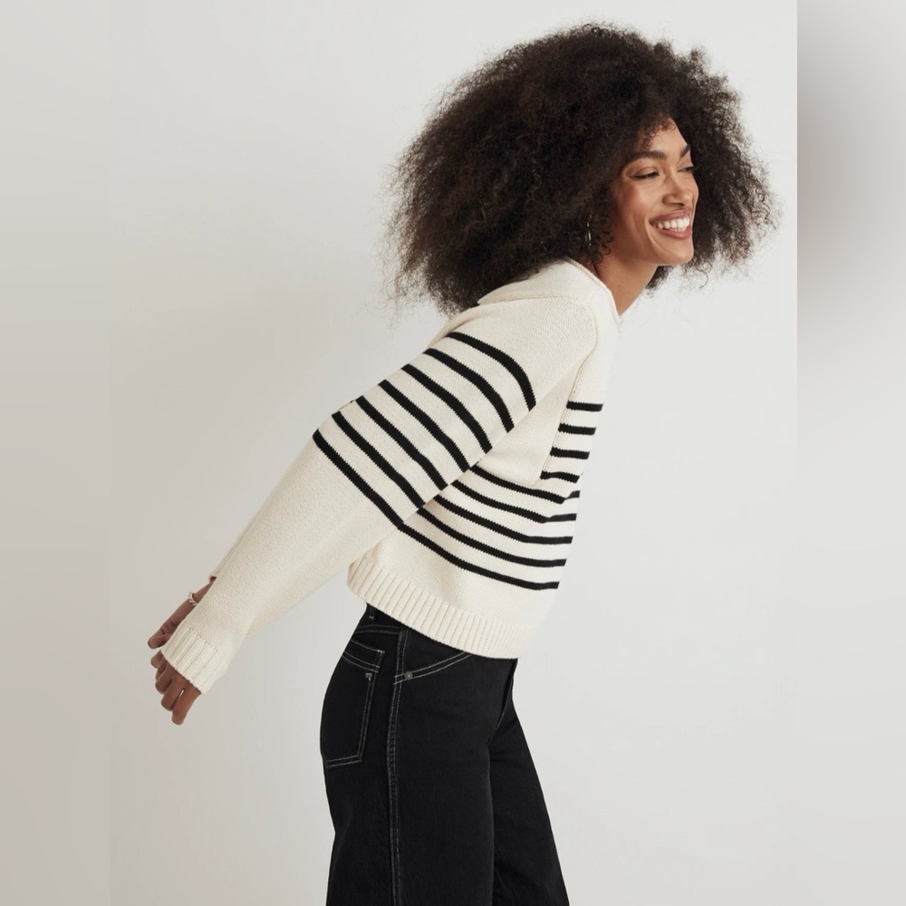 Madewell Rolled-Neck Cream and Black Striped Boatneck Sweater Medium EUC - Picture 3 of 11